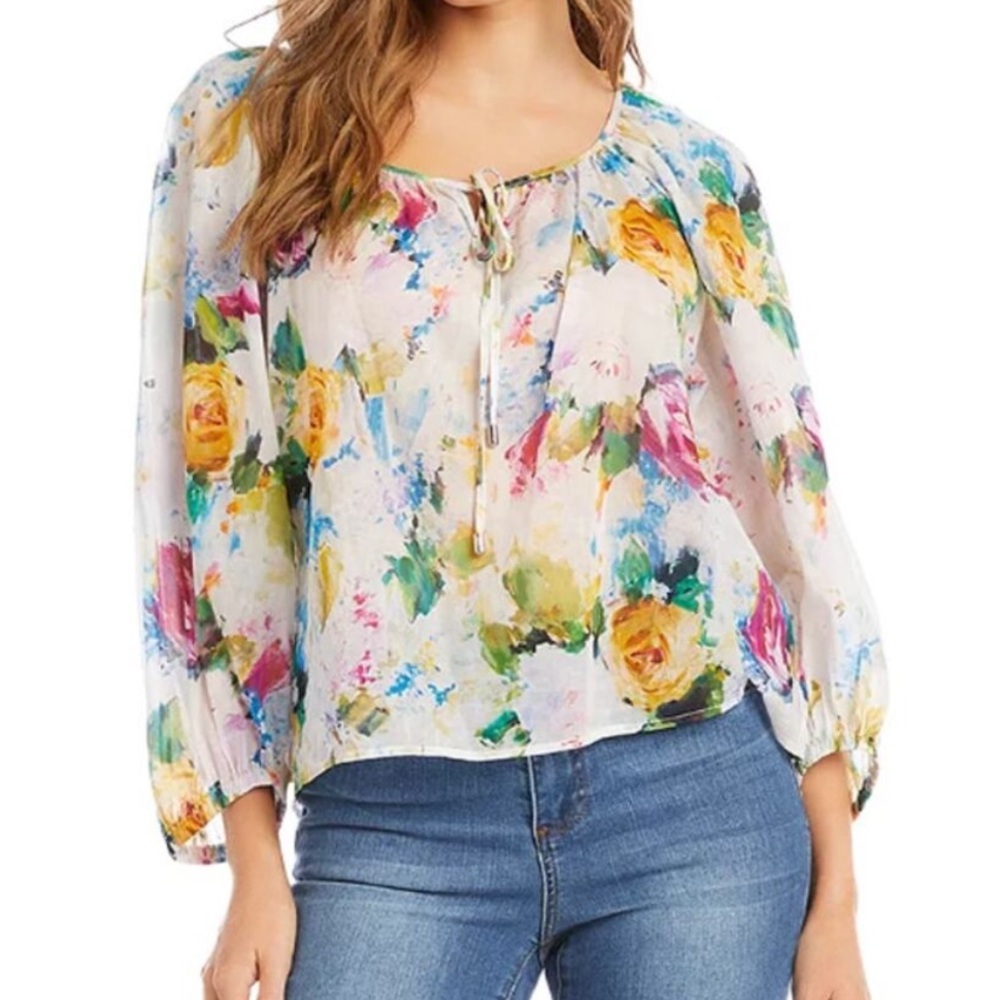 Karen Kane Peasant Top White Floral Watercolor Boho XL